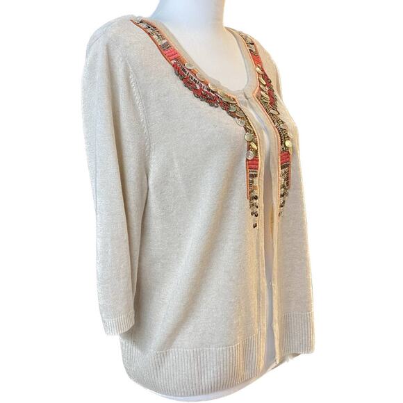 Chico's Linen Blend Beaded Embellished Lightweight Cardigan Women L/12 Beige - Picture 2 of 8